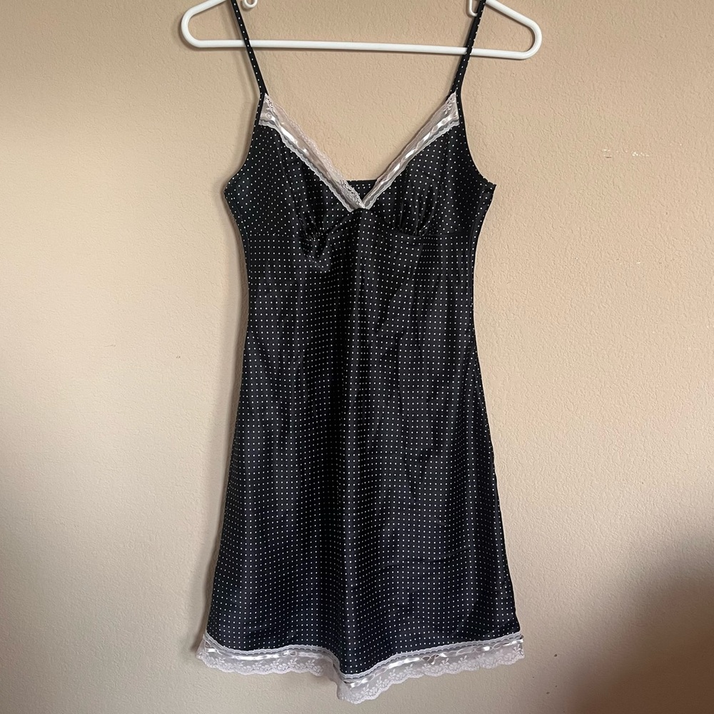 Black and white polka dot satin slip dress